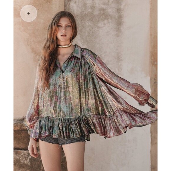 Mes Demoiselles Rosemay red blouse made of printed lurex silk Anthropologie Sz 8